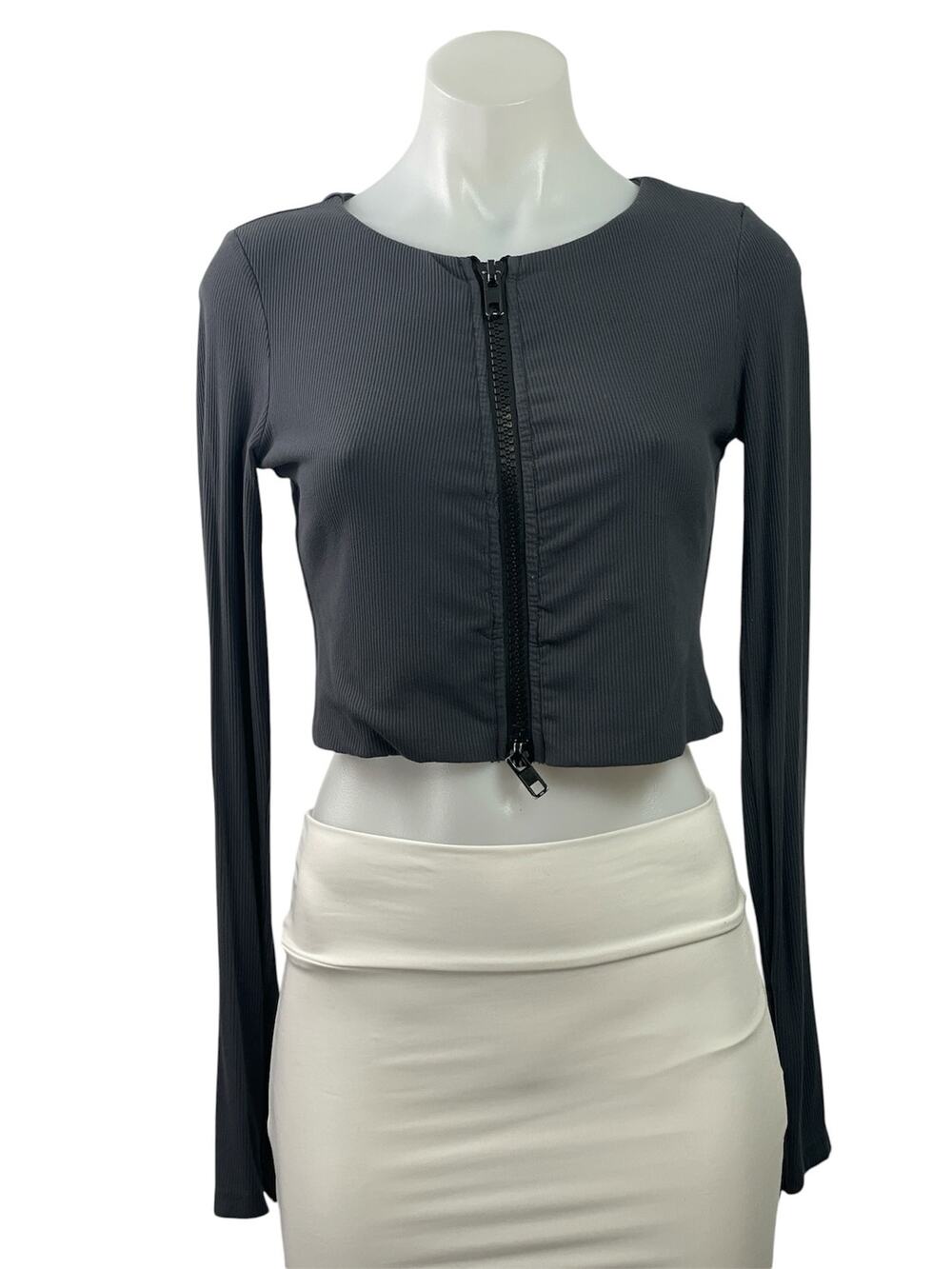 White Fox Women's Dark Gray Ribbed Knit Full Zip Long Sleeve Crop Top Size L